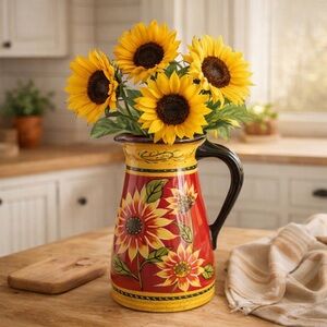 Pier 1 Imports Sunflower Pitcher Hand Painted Terracotta Farmhouse Pitcher Vase